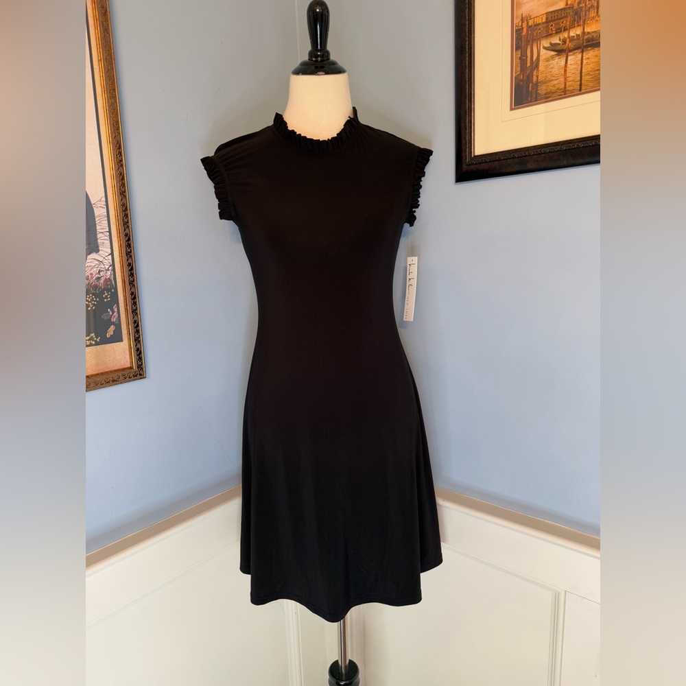 Nicole Miller Black shift dress with ruffle trim on neck and sleeves NWT Sz S